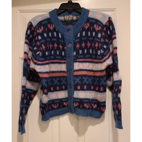Paris Sports Club Women's Vtg Multi-Color Mohair Blend Button Up Sweater Sz M - Picture 1 of 6